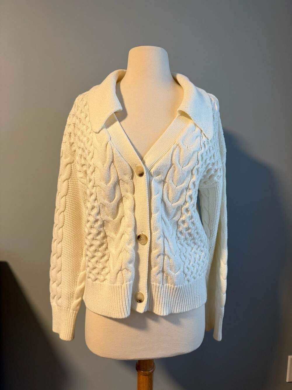 Parker Cream Cable Knit Collared Button-Down Cardigan